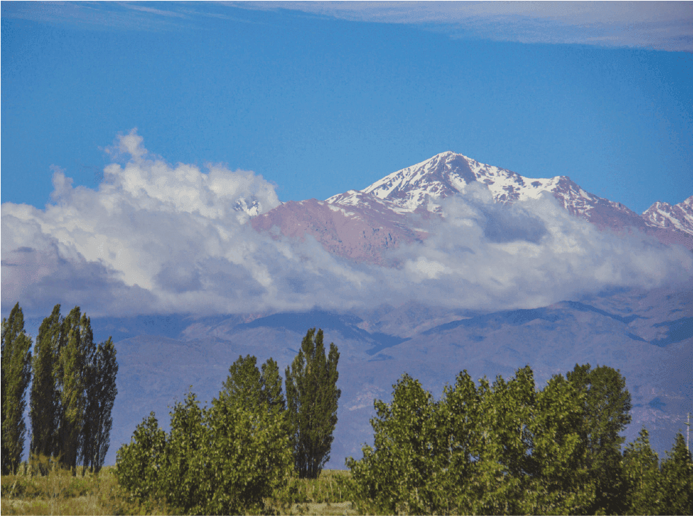 Cordillera de los Andes entre nubes, vista desde los viñedos